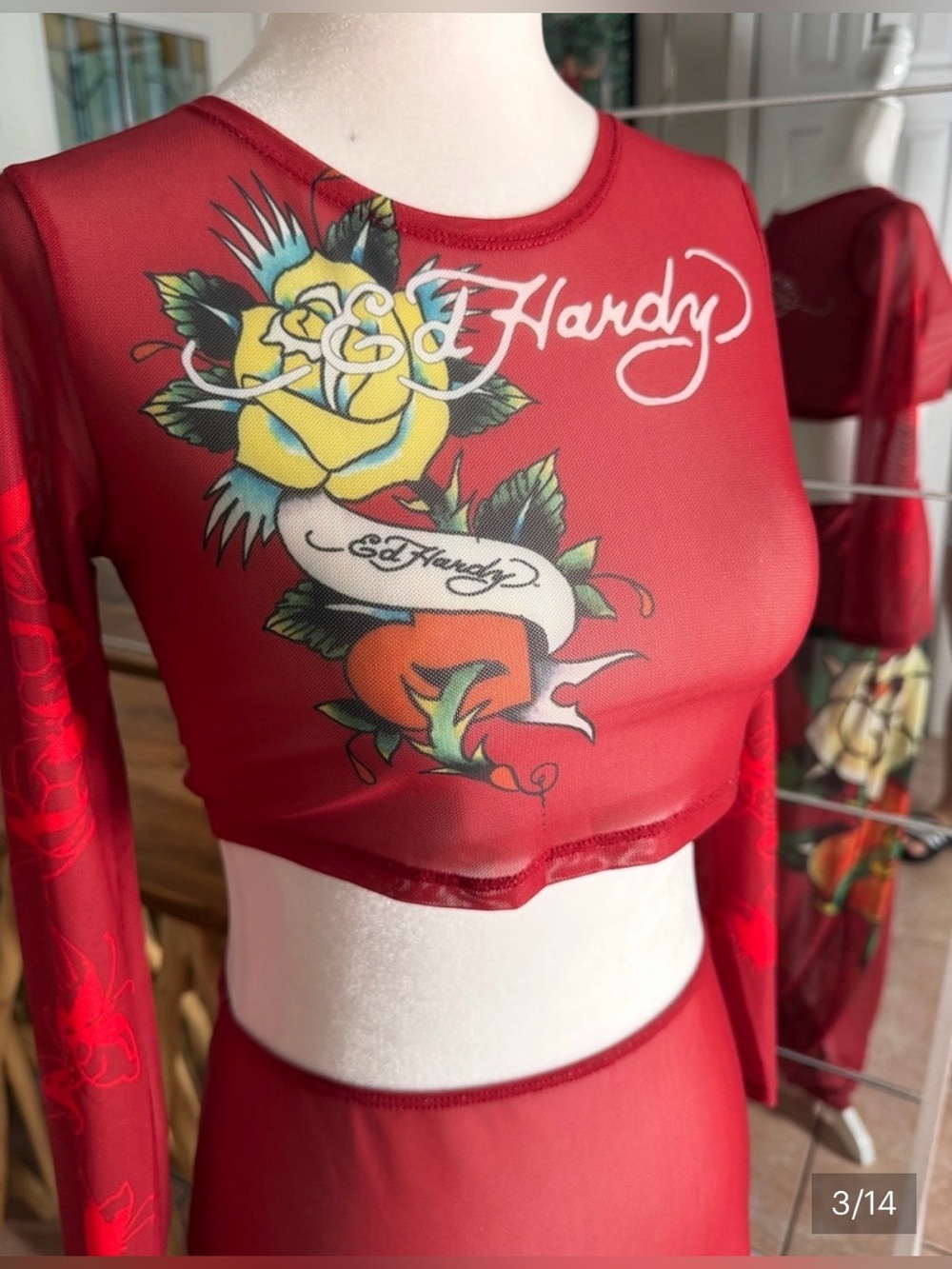 Ed Hardy Red Sheer Tattoo-Graphic Long-Sleeve Crop Top